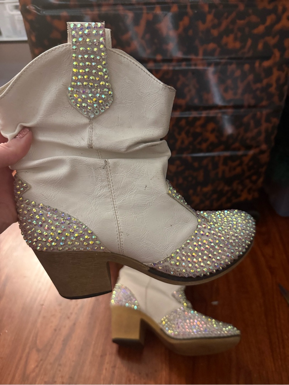 Embellished White Western Ankle Cowboy Boots with Crystal Accents